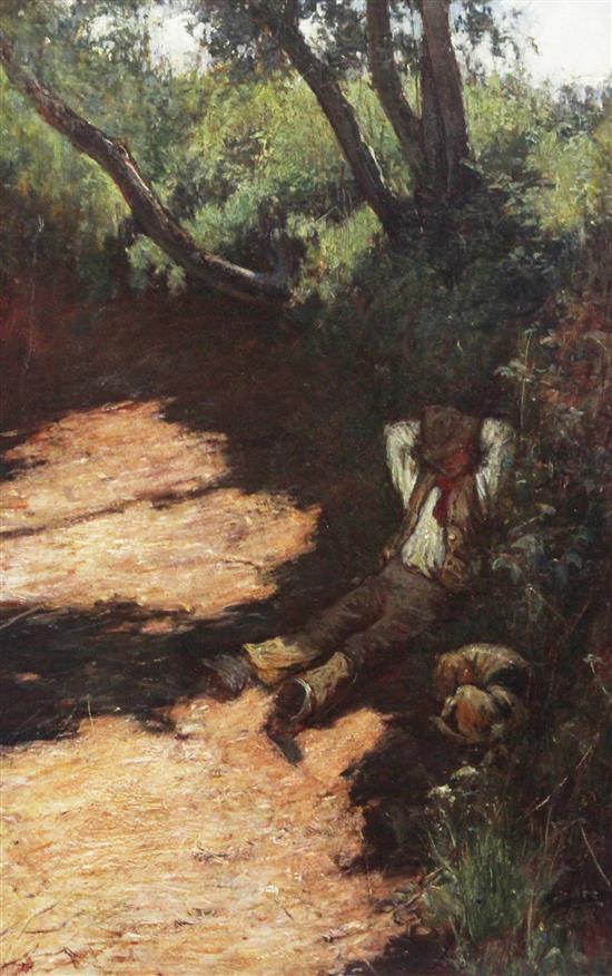 John White (1851-1933) Boy resting on a country lane, 21 x 14in.